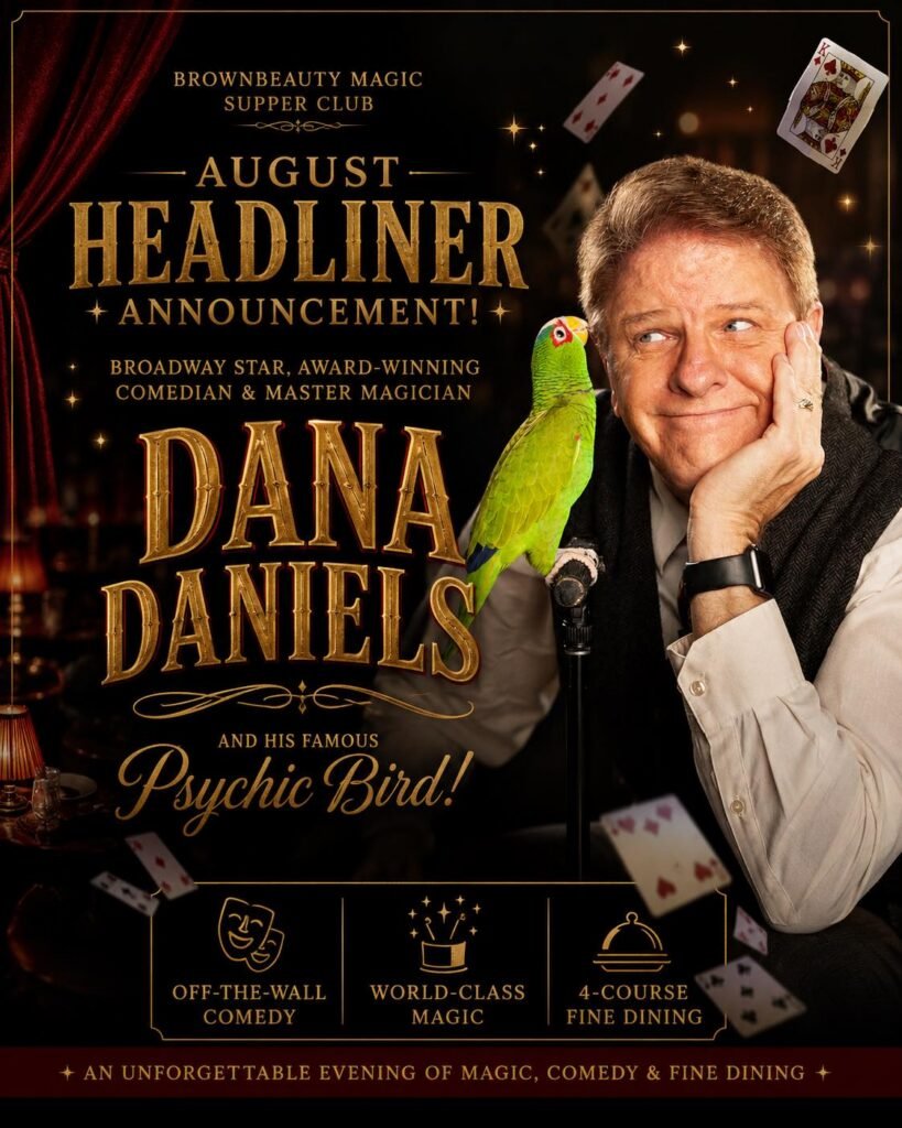 Brownbeauty Magic Instagram post announcing August headliner Dana Daniels and his psychic bird