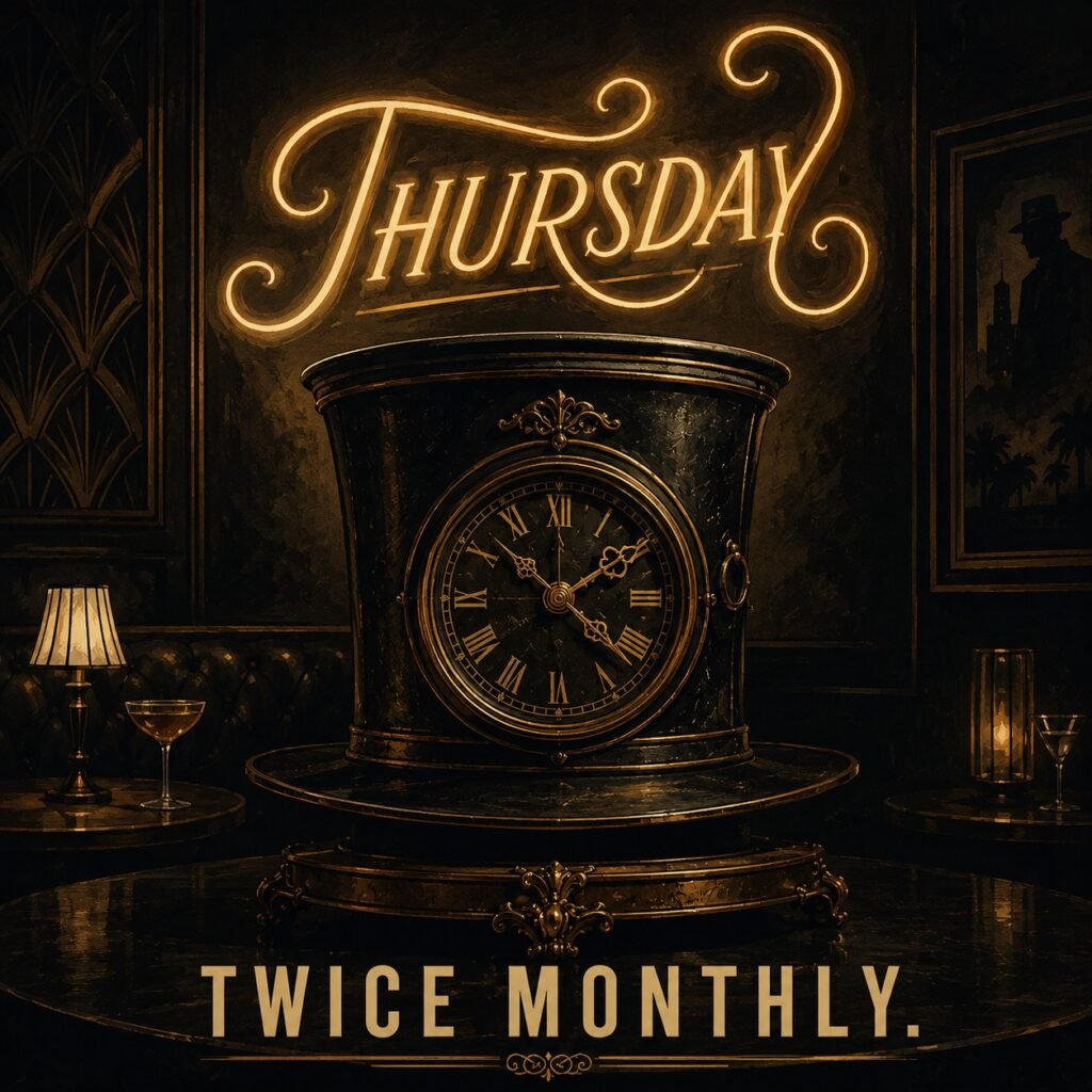 Brownbeauty Magic Instagram post: Thursday, twice monthly, with a vintage clock in a top hat
