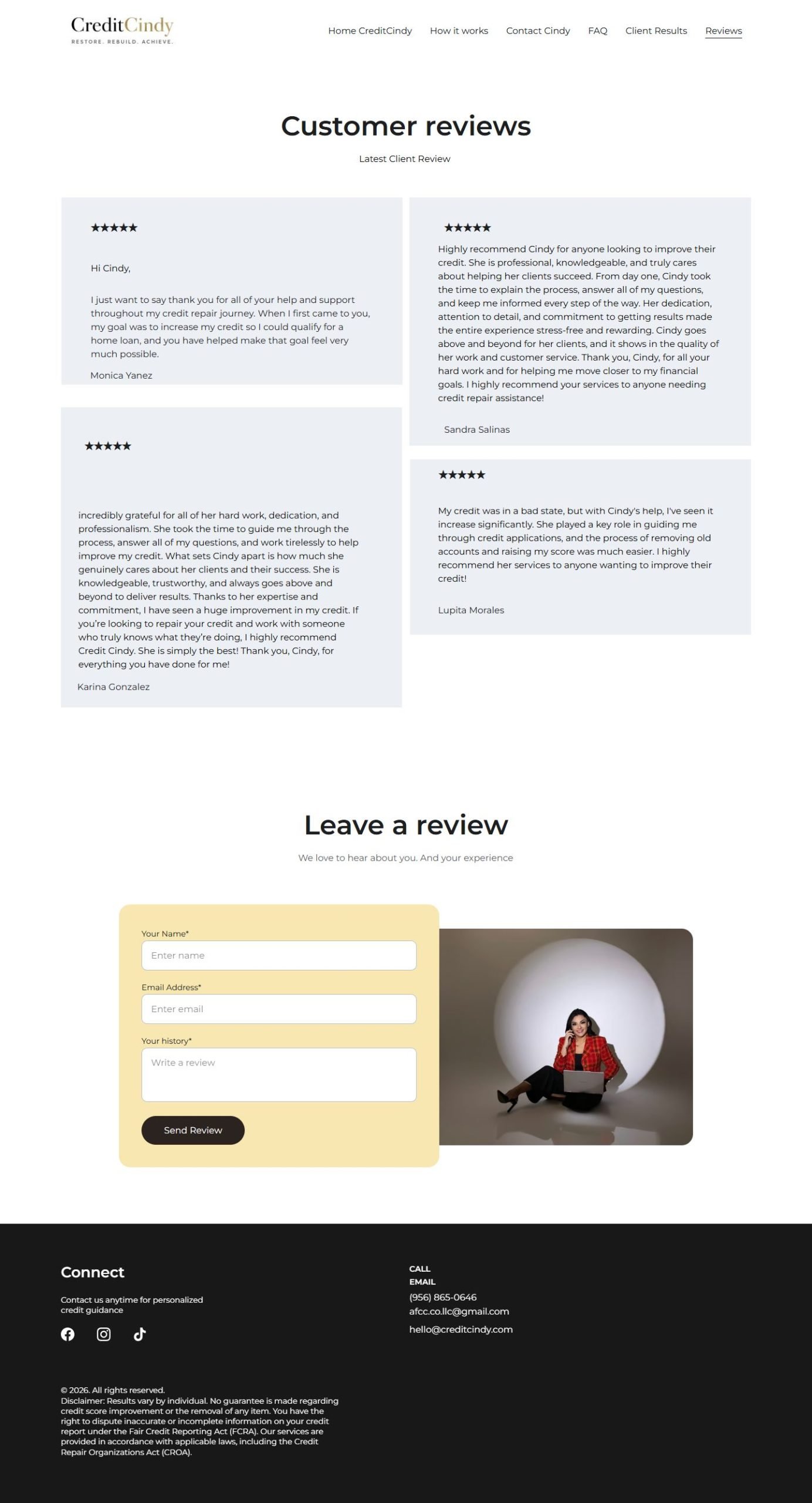 Credit Cindy website Reviews page