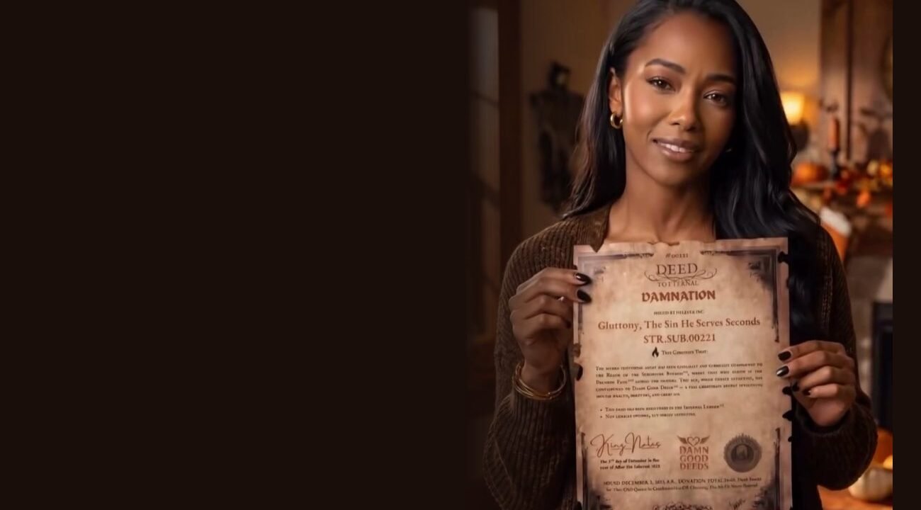 Smiling woman holding a HellYea Plots Deed of Damnation