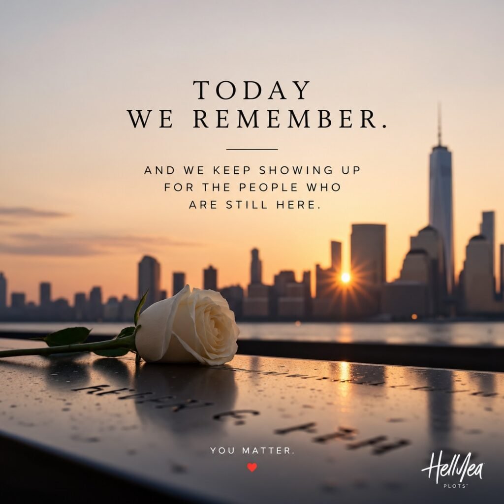 HellYea Plots "Today we remember" tribute post with a city skyline and roses