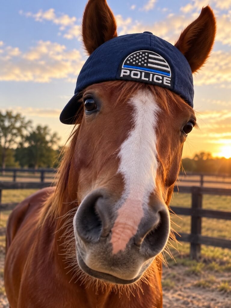 Horse wearing a cap with a Police Kap-Bak