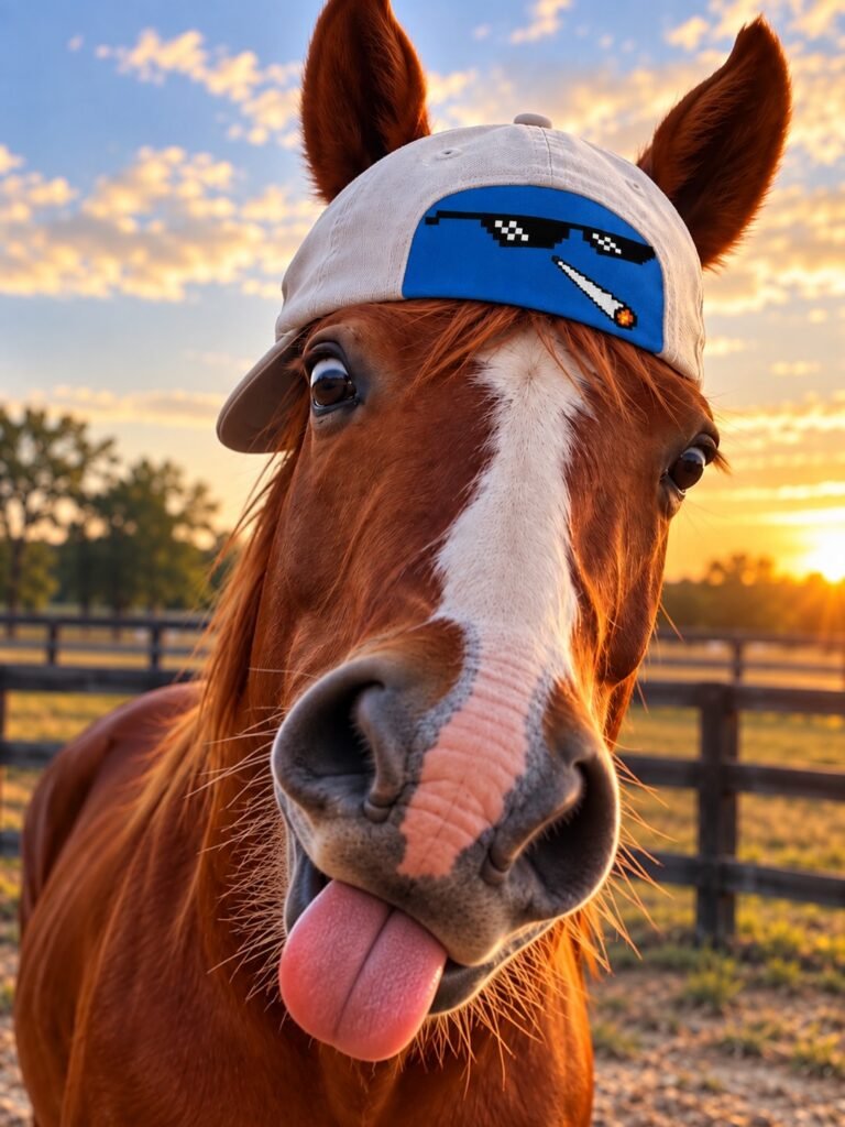 Horse wearing a cap with a sunglasses design Kap-Bak