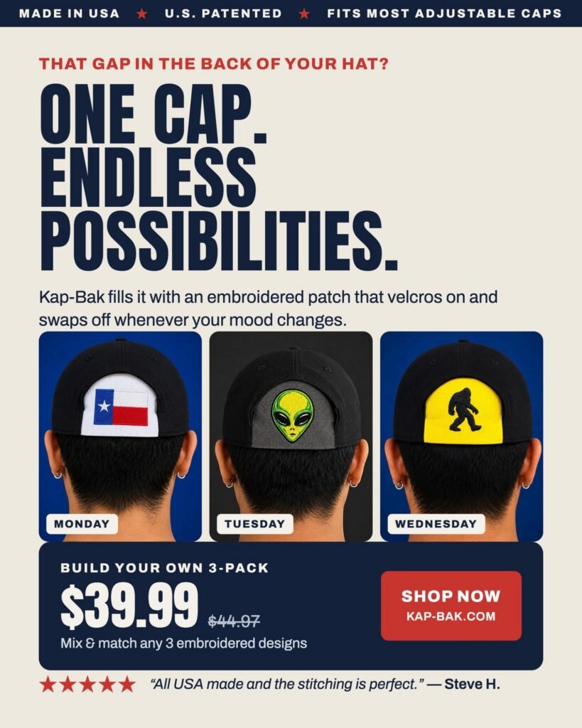 Kap-Bak ad: One cap, endless possibilities, with a different design for each day