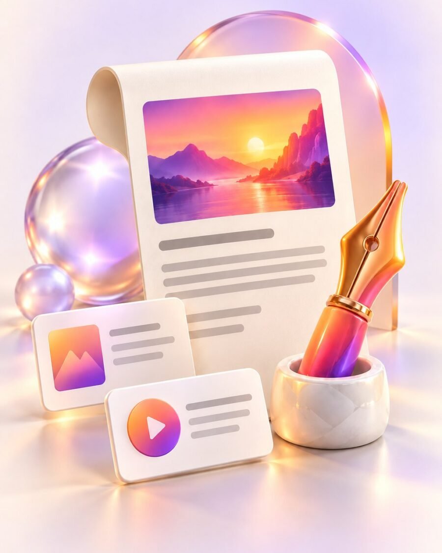 Content marketing: article with image, pen and media content cards