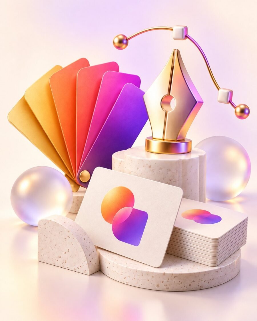 Graphic design and branding: colour swatches, pen tool and business cards