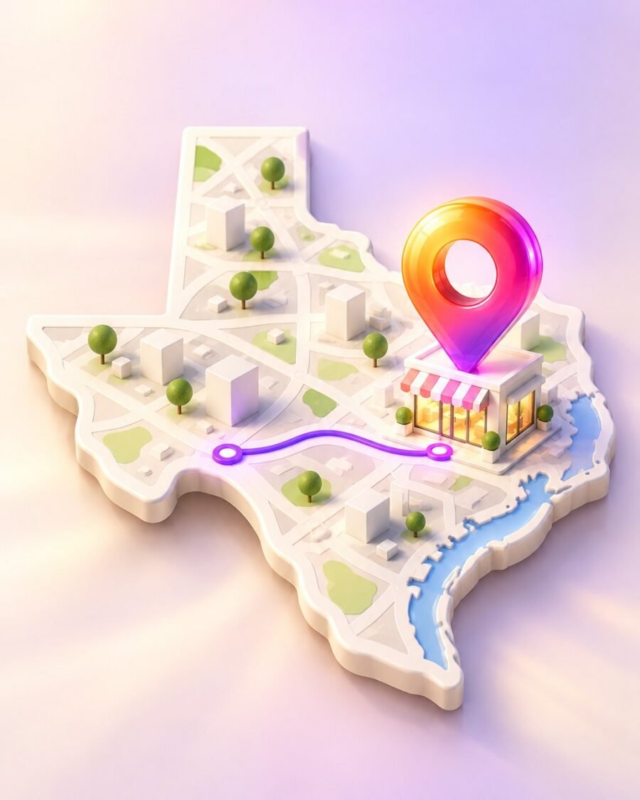 Local SEO: map of Texas with a location pin on a local storefront