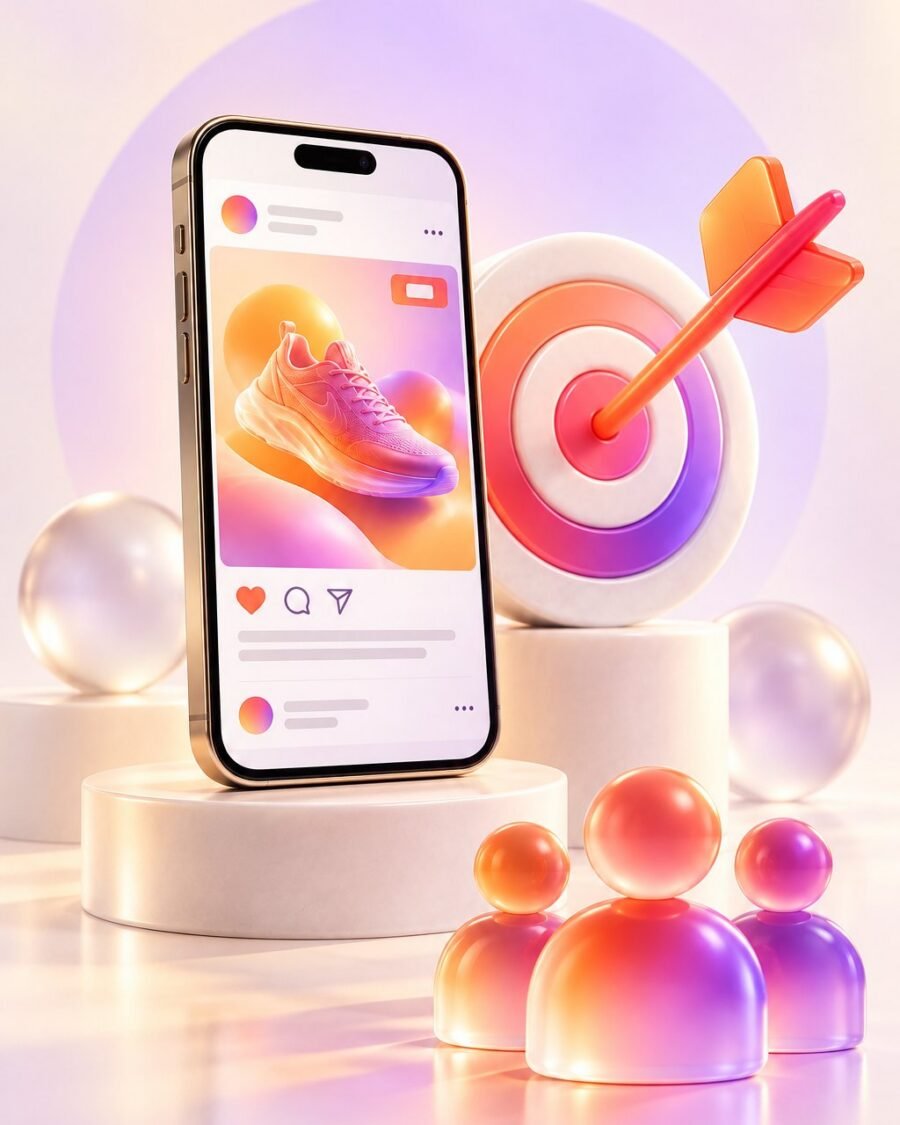 Meta Ads: phone showing a sponsored post, a target with an arrow and an audience