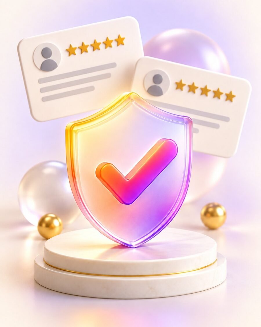 Online reputation management: shield with checkmark and five star reviews