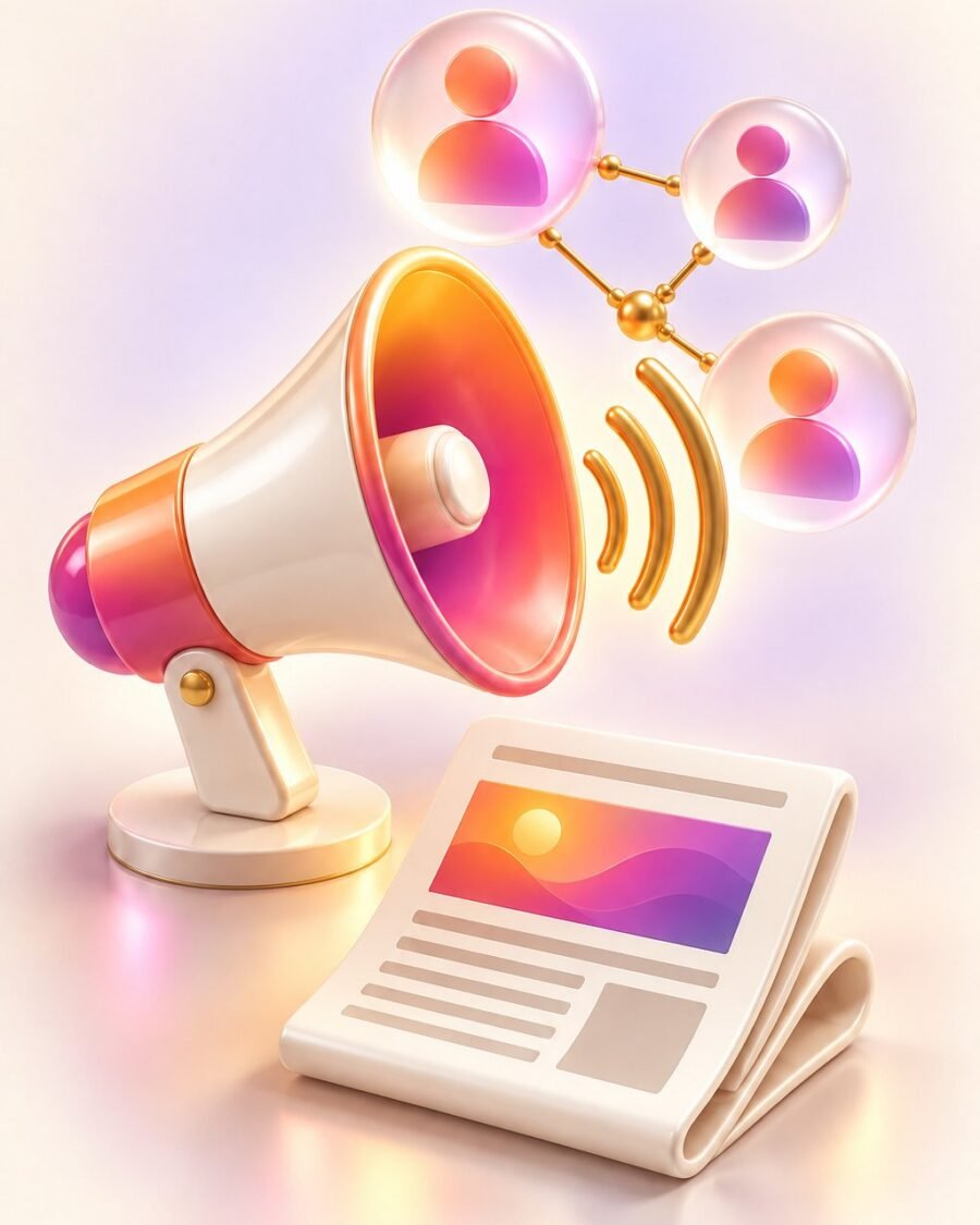 PR and outreach: megaphone, press article and connected people