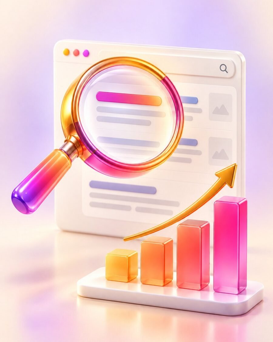 SEO: magnifying glass over search results with a rising growth chart