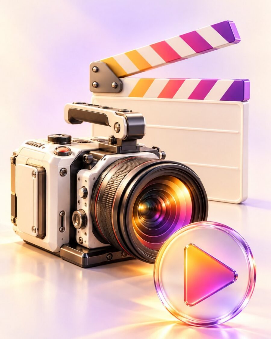 Video production: cinema camera, clapperboard and play button