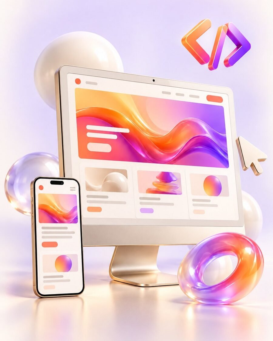 Website design and development: desktop and mobile website with code symbol
